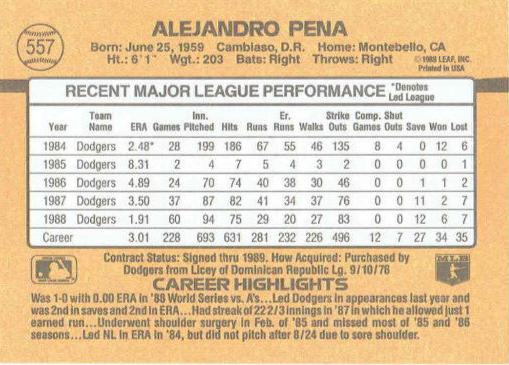1989 Donruss Alejandro Pena Baseball Card #557