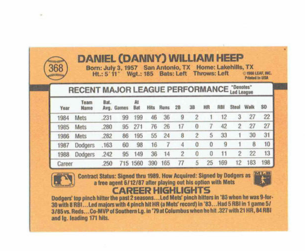 1989 Donruss Daniel (Danny) William Heep Baseball Card #368