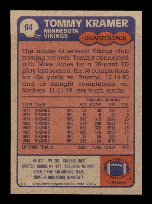 1985 Topps Tommy Kramer Football Card #94