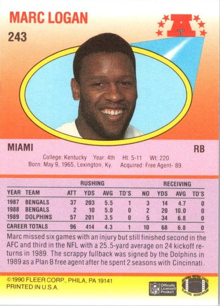 1990 Fleer Marc Logan Football Card #243