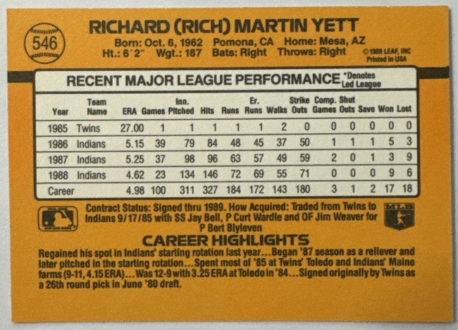 1989 Donruss Rich Yett Baseball Card #546