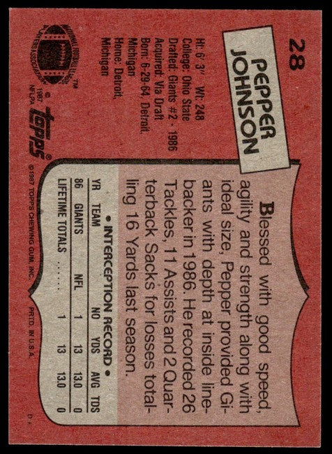 1987 Topps Pepper Johnson Football Card #28
