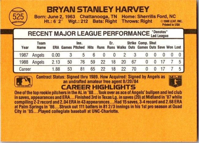 1989 Donruss Bryan Stanley Harvey Baseball Card #525
