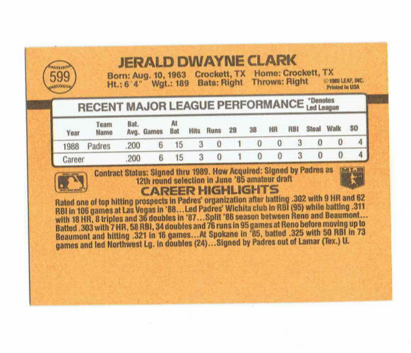 1989 Donruss Jerald Dwayne Clark Baseball Card #599