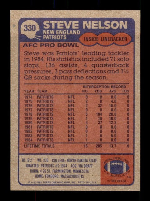 1985 Topps Steve Nelson Football Card #330