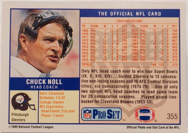 1989 NFL Pro Set Chuck Knoll Football Card #355