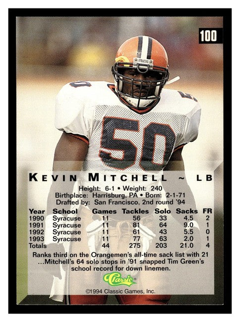 1994 Classic Kevin Mitchell Football Card #100