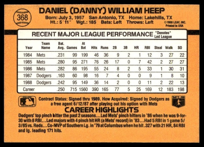 1989 Donruss Daniel (Danny) William Heep Baseball Card #368