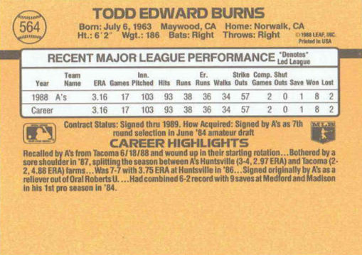 1989 Donruss Todd Edward Burns Baseball Card #564