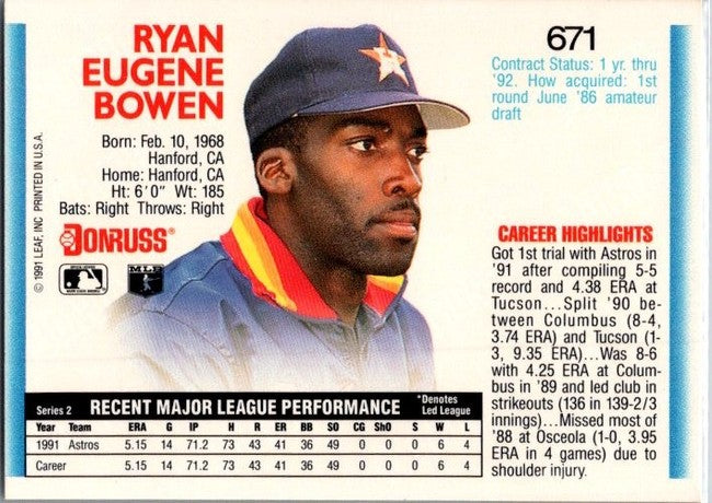 1992 Donruss Ryan Eugene Bowen Baseball Card #671