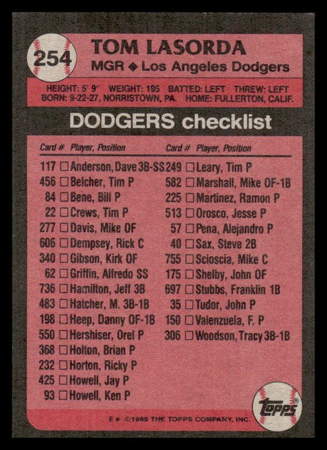 1989 Topps Tom Lasorda Baseball Card #254