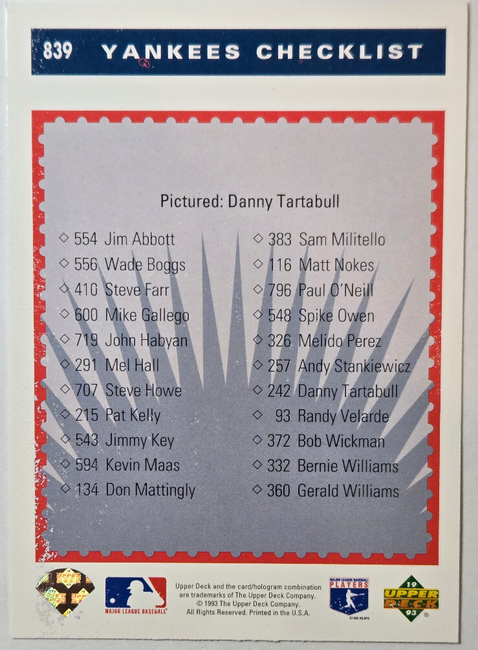 1993 Upper Deck Collectors Choice Yankees Checklist Baseball Card #839