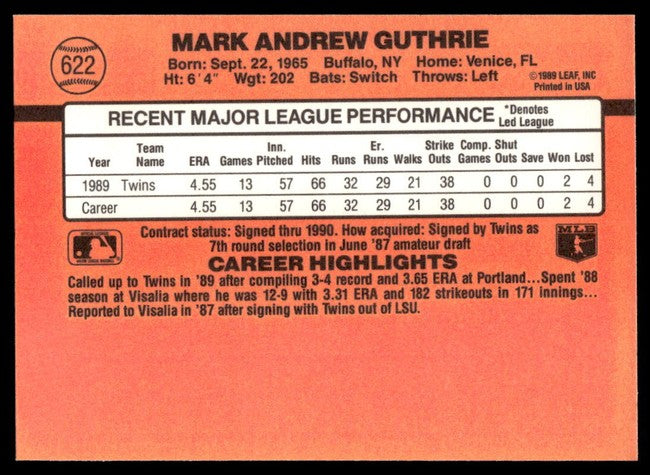 1990 Donruss Mark Andrew Guthrie Baseball Card #622