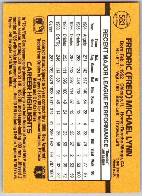 1989 Donruss Fredric (Fred) Michael Lynn Baseball Card #563