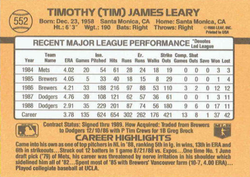 1989 Donruss Timothy (Tim) James Leary Baseball Card #552