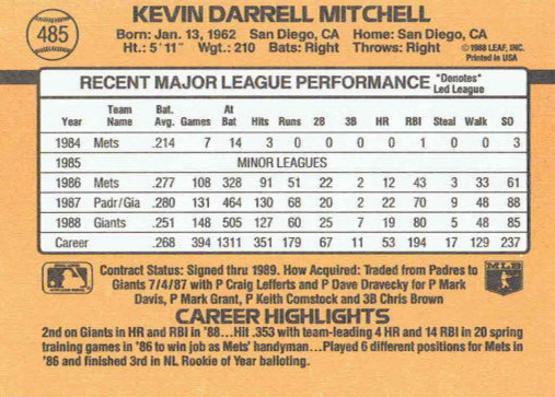 1989 Donruss Kevin Darrel Mitchell Baseball Card #485