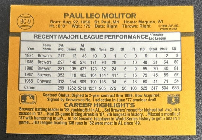 1989 Donruss Paul Leo Molitor Baseball Card #BC-9