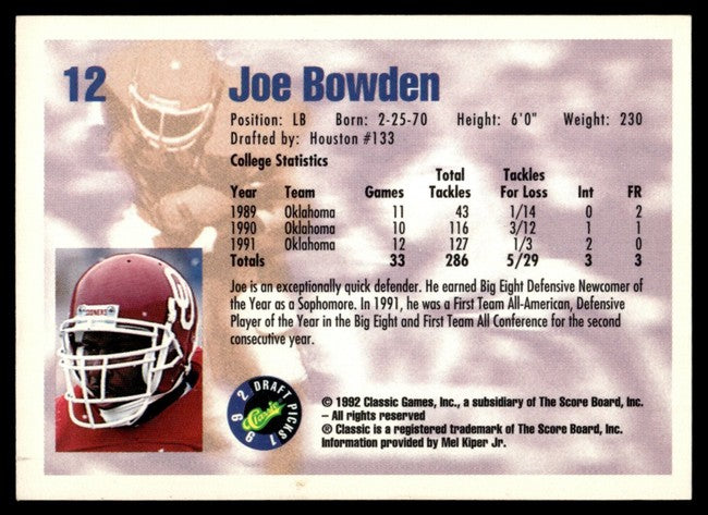 1992 Classic Draft Picks Joe Bowden Football Card #12