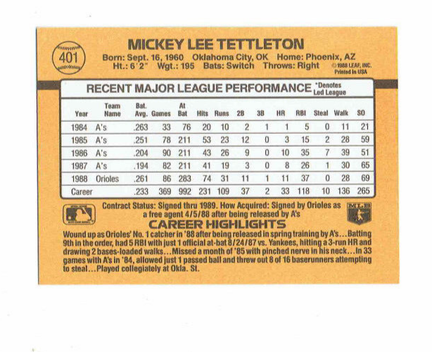 1989 Donruss Mickey Tettleton Baseball Card #401