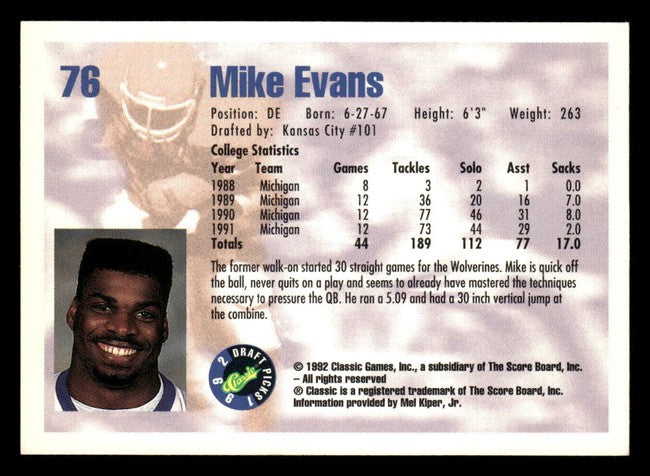 1992 Classic Draft Picks Mike Evans Football Card #76