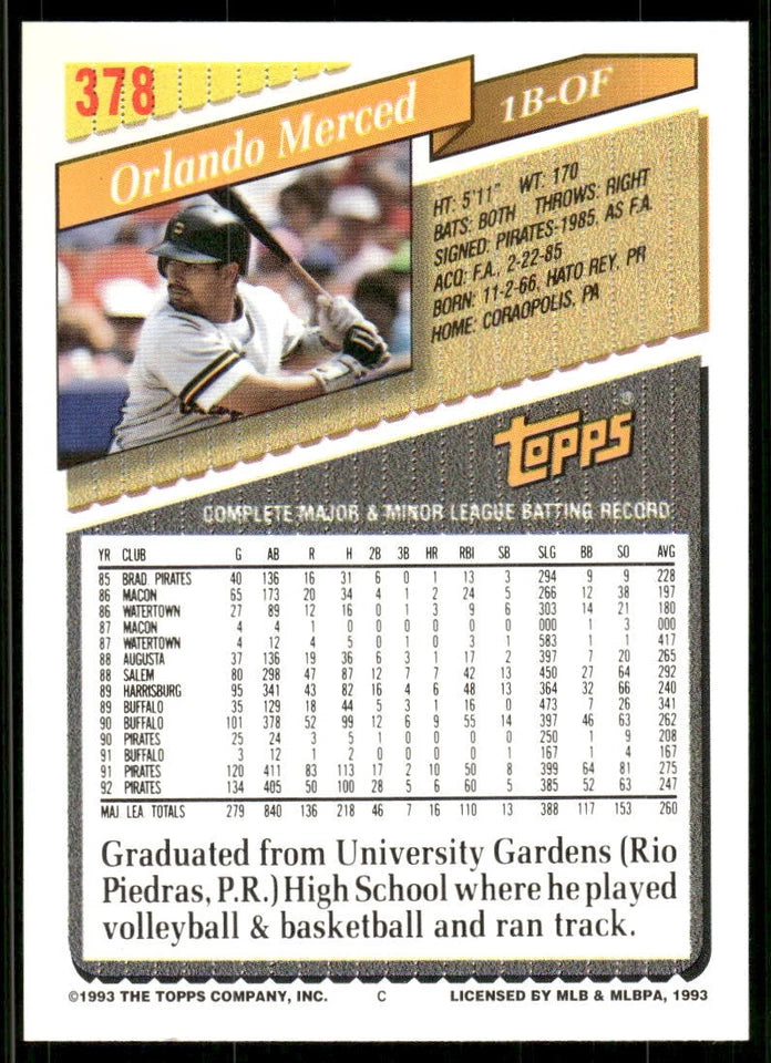 1993 Topps Orlando Merced Baseball Card #378