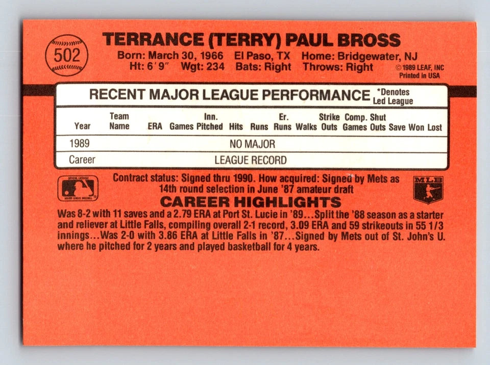 1990 Donruss Terrance (Terry) Paul Bross Baseball Card #502