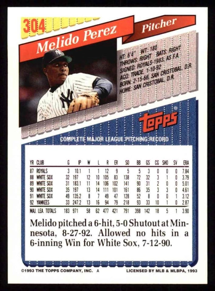 1993 Topps Melido Perez Baseball Card #304