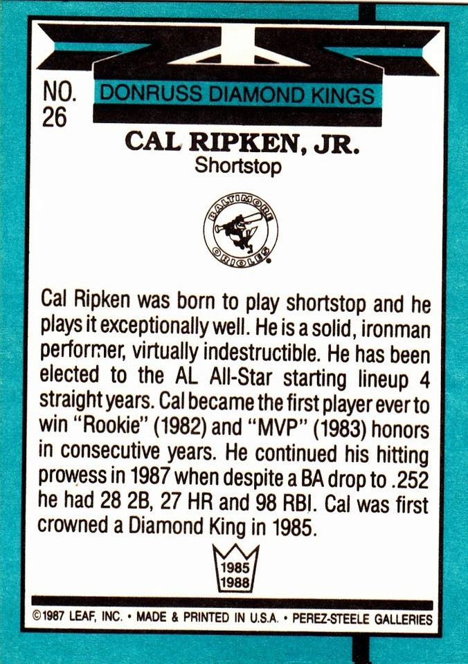 1987 Donruss Diamond Kings Cal Ripken J.R. Baseball Card #26