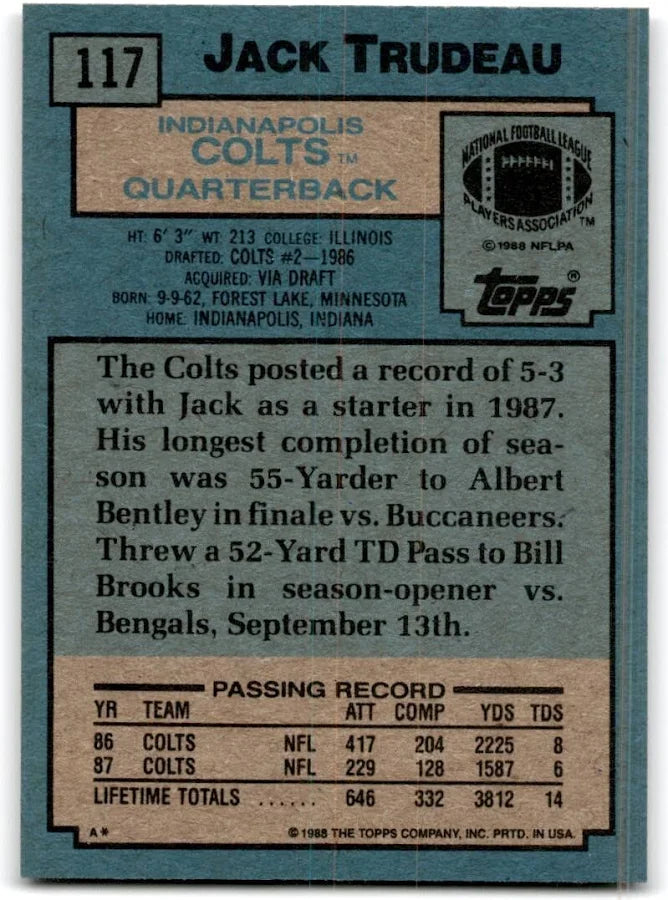 1988 Topps Jack Trudeau Football Card #117
