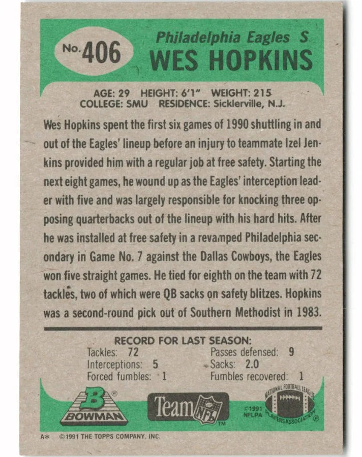 1991 Bowman Wes Hopkins Football Card #406