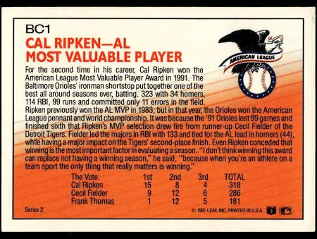 1992 Donruss 1991 American League MVP Cal Ripken Baseball Card #BC1