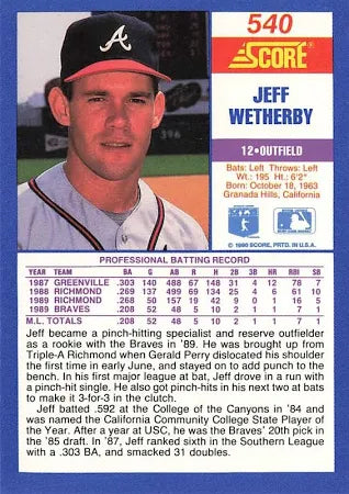 1990 Score Jeff Wetherby Baseball Card #540