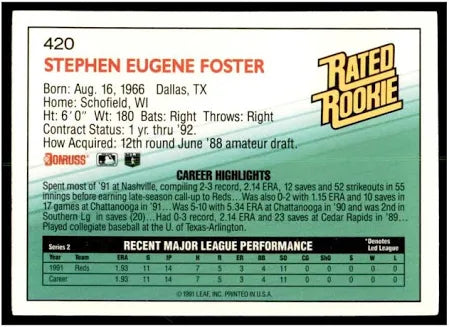 1992 Donruss Rated Rookie Stephen Eugene Foster Baseball Card #420