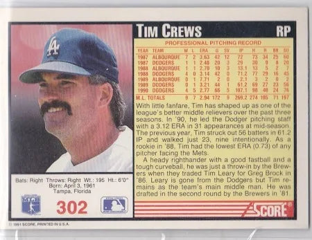 1991 Score Tim Crews Baseball Card #302