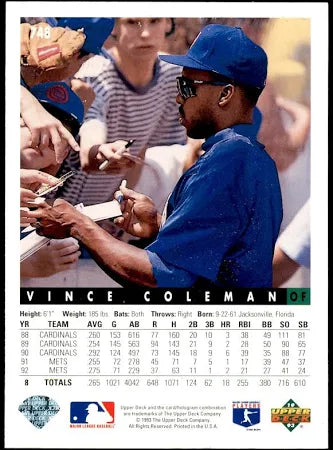 1993 Upper Deck Vince Coleman Baseball Card #748