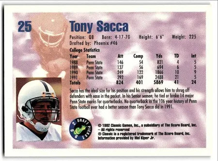 1992 Classic Draft Picks Tony Sacca Baseball Card #25