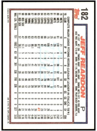 1992 Topps Jeff Reardon Baseball Card #182