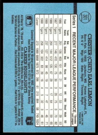 1991 Donruss Chester (Chet) Earl Lemon Baseball Card #301