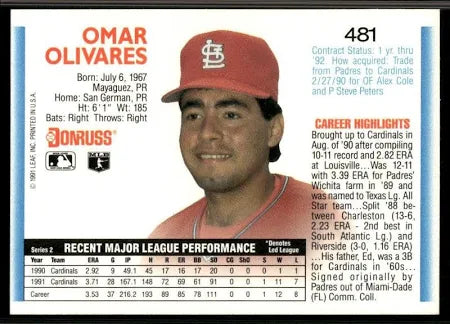 1992 Donruss Omar Olivares Baseball Card #481
