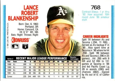 1992 Donruss Lance Robert Blankenship Baseball Card #768