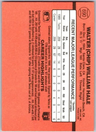 1990 Donruss Walter (Chip) William Hale Baseball Card #690