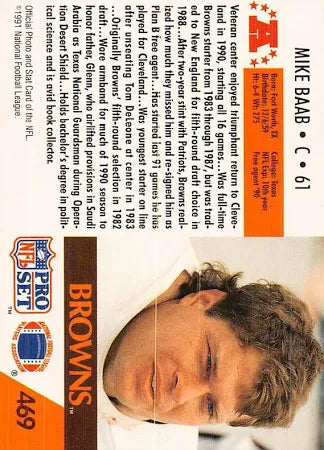 1991 NFL Pro Set Mike Baab Football Card #469