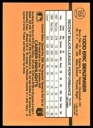 1989 Donruss Todd Eric Benzinger Baseball Card #358
