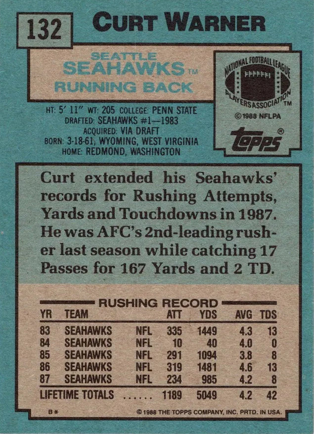 1988 Topps Curt Warner Football Card #132