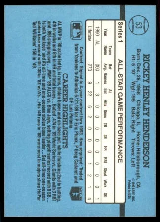 1991 Donruss Rickey Henley Henderson Baseball Card #53