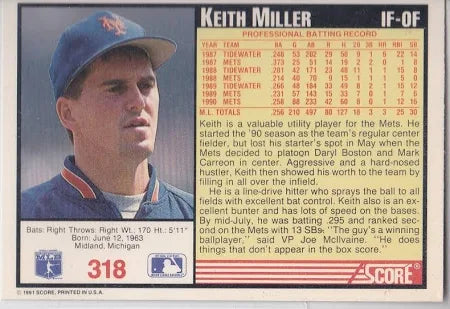 1991 Score Keith Miller Baseball Card #318