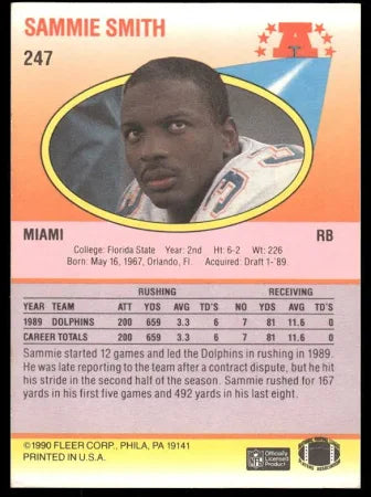 1990 Fleer Sammie Smith Football Card #247