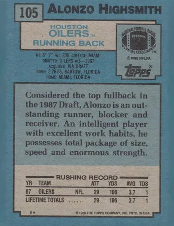 1988 Topps Alonzo Highsmith Football Card #105