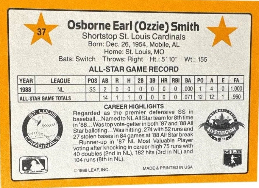 1989 Donruss Osborne Earl (Ozzie) Smith Baseball Card #37