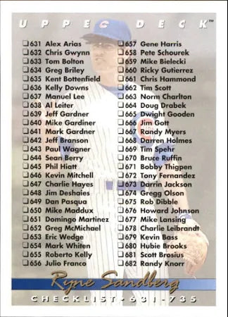 1993 Upper Deck Ryne Sandberg Checklist 631-735 Baseball Card #735